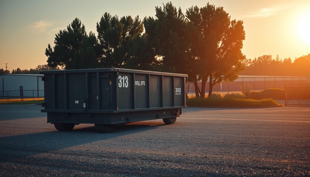A roll-off dumpster in a commercial setting, situated on a gravel lot in Williamston. The dumpster is a prominent focus, capturing the viewer's attention with its rugged, utilitarian design. The scene is bathed in warm, golden hour lighting, casting long shadows and creating a sense of depth. In the background, a row of mature trees and a few nondescript buildings provide a natural and industrial backdrop. The overall mood is one of efficiency and functionality, reflecting the practical nature of large-scale landscape projects.