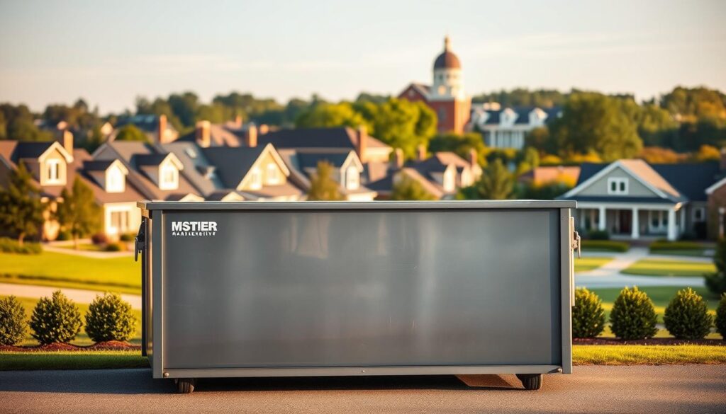 A sleek and modern dumpster rental service in East Lansing, Michigan. The dumpster stands prominently in the foreground, its clean metallic surface gleaming under warm, natural lighting. The middle ground features a well-manicured suburban neighborhood, with neatly trimmed lawns and quaint houses. In the background, the campus of Michigan State University can be seen, its iconic architecture providing a distinctive backdrop. The overall scene conveys a sense of efficiency, convenience, and community, reflecting the "Rental Process Made Simple" theme.