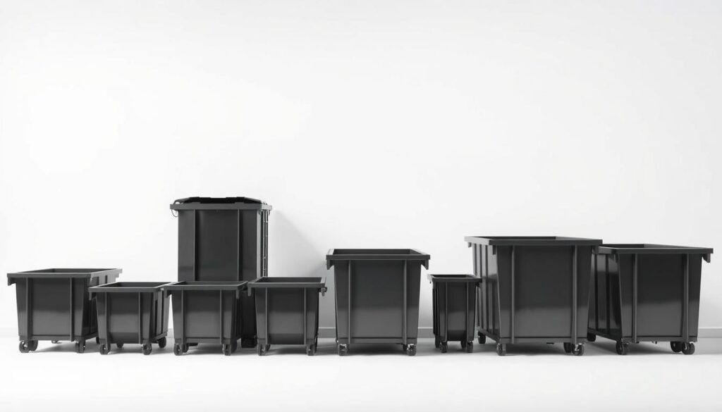 A sleek, minimalist composition showcasing an assortment of dumpster sizes against a clean, white background. The dumpsters are meticulously detailed, capturing their dimensional proportions and sturdy, industrial construction with precision. Subtle shadows and highlights accentuate the depth and volume of each dumpster, allowing the viewer to clearly discern the differences in capacity and scale. The lighting is soft and diffused, creating a sense of balance and clarity that invites the viewer to closely examine the various dumpster options. This visually striking and informative image would serve as an excellent visual aid to complement the "Understanding Different Dumpster Sizes" section of the article.