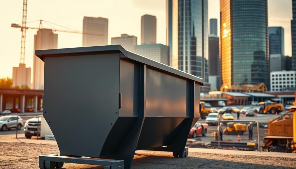 A sleek, modern commercial dumpster with a sturdy metal frame stands prominently in the foreground, its matte gray exterior gleaming under warm, diffused lighting. In the middle ground, a busy construction site bustles with activity, workers and machinery visible in the distance. The background features a cityscape of towering office buildings and skyscrapers, their glass facades reflecting the afternoon sun. The overall scene conveys a sense of efficiency, functionality, and the commercial nature of the dumpster rental service.