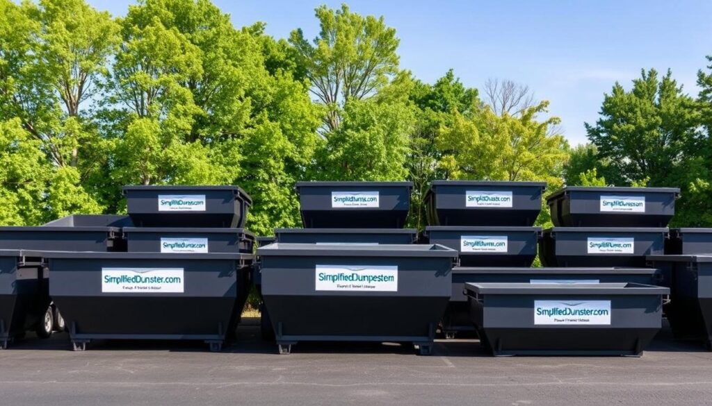 A sleek, modern dumpster rental service in Dewitt, MI, with a neatly organized fleet of containers in various sizes, positioned against a backdrop of lush greenery and a clear blue sky. The dumpsters are arranged in a visually appealing layout, showcasing their clean, minimalist design and signage that highlights the company's name, "SimplifiedDumpster.com." The scene conveys a sense of efficiency, reliability, and cost-effectiveness, with the dumpsters appearing readily available and easily accessible for homeowners and contractors in need of a cost-effective waste management solution for their roofing projects.