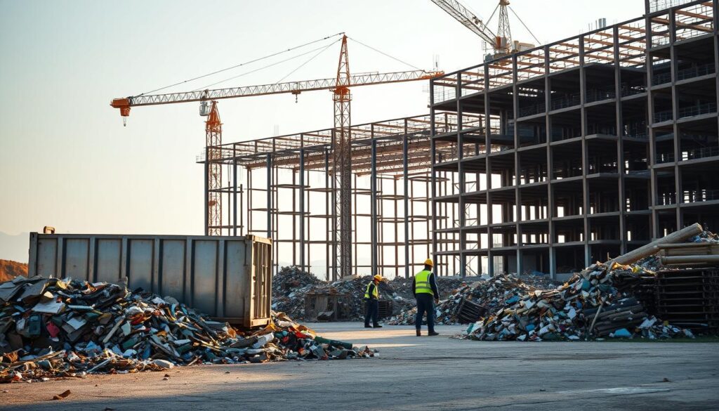 A sprawling construction site, with piles of debris and rubble scattered across the ground. In the foreground, a dumpster stands prominently, its metal sides gleaming in the warm afternoon sunlight. Workers in high-visibility vests move purposefully, sorting and loading the waste materials into the container. In the middle ground, a crane looms, its long arm extending over the scene, ready to lift and transport larger items. The background is framed by the skeletal framework of a partially completed building, its steel beams and girders standing tall against a hazy, azure sky. The overall mood is one of efficiency and industrious activity, as the site's operators work to manage the waste generated by the ongoing construction project. A sprawling construction site, with piles of debris and rubble scattered across the ground. In the foreground, a dumpster stands prominently, its metal sides gleaming in the warm afternoon sunlight. Workers in high-visibility vests move purposefully, sorting and loading the waste materials into the container. In the middle ground, a crane looms, its long arm extending over the scene, ready to lift and transport larger items. The background is framed by the skeletal framework of a partially completed building, its steel beams and girders standing tall against a hazy, azure sky. The overall mood is one of efficiency and industrious activity, as the site's operators work to manage the waste generated by the ongoing construction project.