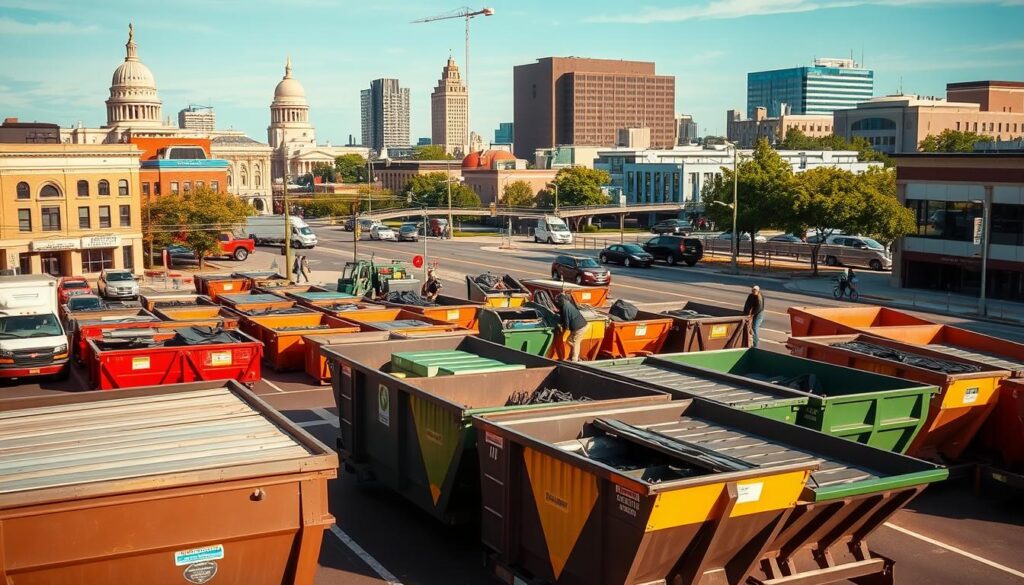 A vibrant cityscape of Lansing, Michigan, showcasing the bustling dumpster rental services along the streets. In the foreground, a fleet of well-maintained dumpsters in various sizes stand ready for delivery, their bright colors and sleek designs catching the eye. The middle ground features busy workers loading and unloading the dumpsters, their efficient movements captured in a cinematic, documentary-style lighting. In the background, the iconic landmarks of Lansing, such as the State Capitol Building and the Riverwalk, create a distinctive urban backdrop, conveying a sense of the city's thriving commercial landscape. The overall scene exudes a sense of professionalism, accessibility, and community-focused service, reflecting the "Affordable Dumpster Rental Options in Lansing for Every Budget" and the "Service Coverage: From East Lansing to Grand Ledge" theme.