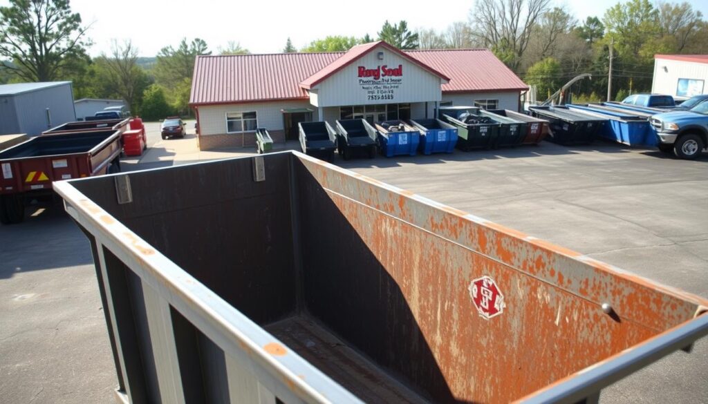 A well-lit, high-angle view of a dumpster rental service in Williamston, Michigan. The dumpster is situated in the foreground, its sturdy metal frame and cavernous interior conveying a sense of utility and practicality. In the middle ground, the service's neatly organized lot showcases a fleet of various-sized dumpsters, ready for delivery. The background features the façade of the rental company's office, its signage and branding clearly visible. The scene exudes an atmosphere of efficiency and professionalism, perfectly suited to illustrate the "Loading Your Dumpster Efficiently" section of the article.