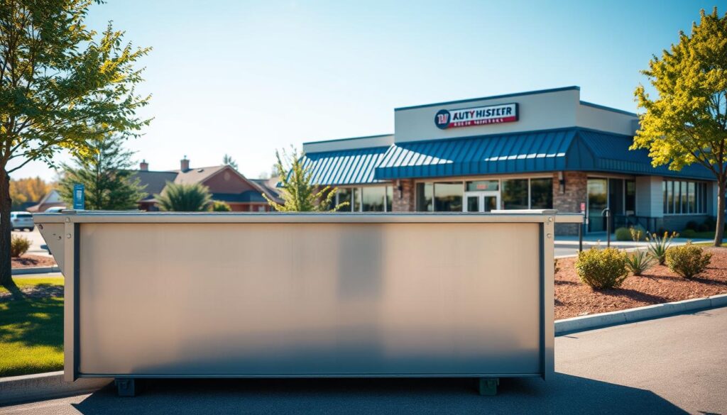 A well-lit, high-resolution image of a modern dumpster rental service in Bath, Michigan. The dumpster is prominently displayed in the foreground, its sleek steel exterior gleaming under the warm sunlight. In the middle ground, the service's signage and branding are clearly visible, conveying a sense of professionalism and reliability. The background features a neatly landscaped commercial property, with lush greenery and a clear, blue sky overhead, creating a pleasant and inviting atmosphere. The overall composition emphasizes the convenience and accessibility of the dumpster rental service, showcasing it as a trusted solution for immediate waste management needs.