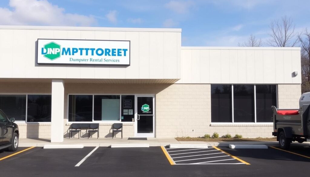 A well-lit, modern dumpster rental service office with a clean, professional exterior. The signage prominently displays the company name and logo, drawing the eye. The entrance is inviting, with a glass door and a small sitting area for customers. The parking lot is neatly paved, with ample space for trucks and trailers. The building's architecture features clean lines and a neutral color palette, exuding a sense of reliability and trustworthiness. The overall impression is one of a local, community-focused business dedicated to providing efficient and responsible waste management solutions. A well-lit, modern dumpster rental service office with a clean, professional exterior. The signage prominently displays the company name and logo, drawing the eye. The entrance is inviting, with a glass door and a small sitting area for customers. The parking lot is neatly paved, with ample space for trucks and trailers. The building's architecture features clean lines and a neutral color palette, exuding a sense of reliability and trustworthiness. The overall impression is one of a local, community-focused business dedicated to providing efficient and responsible waste management solutions.