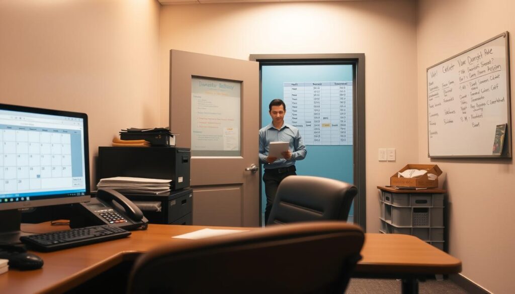 A well-lit office interior with a desk and chair in the foreground. On the desk, a calendar, a phone, and a computer monitor display a scheduling interface. In the middle ground, a delivery person enters through an open doorway, holding a clipboard. In the background, a wall-mounted whiteboard shows a schedule of upcoming dumpster deliveries. Warm, focused lighting illuminates the scene, conveying a sense of organized efficiency. The overall mood is professional and task-oriented, reflecting the practical nature of dumpster delivery scheduling. A well-lit office interior with a desk and chair in the foreground. On the desk, a calendar, a phone, and a computer monitor display a scheduling interface. In the middle ground, a delivery person enters through an open doorway, holding a clipboard. In the background, a wall-mounted whiteboard shows a schedule of upcoming dumpster deliveries. Warm, focused lighting illuminates the scene, conveying a sense of organized efficiency. The overall mood is professional and task-oriented, reflecting the practical nature of dumpster delivery scheduling.