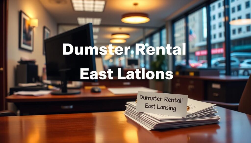 A well-lit office interior with a wooden desk, a computer monitor, and a stack of official-looking documents. On the desk, a sign reading "Dumpster Rental Regulations East Lansing" catches the eye. The room has a professional, administrative atmosphere, with a large window overlooking a bustling city street in the background. The lighting is warm and inviting, creating a sense of productivity and attention to detail. The overall scene conveys the importance of understanding and adhering to local regulations when renting a dumpster in East Lansing.