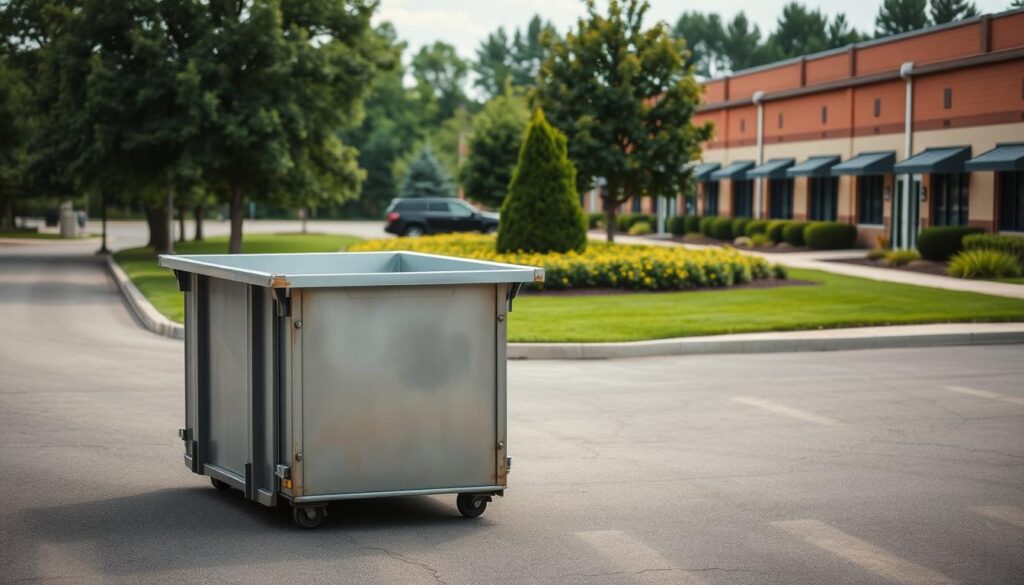 A well-lit, outdoor scene of a dumpster rental service in Webberville, MI. In the foreground, a large, industrial-sized dumpster sits on a level, paved surface, its metal exterior gleaming. The dumpster is positioned discreetly, away from the main road, yet easily accessible. In the middle ground, a neatly landscaped area with lush greenery frames the dumpster, creating a visually appealing and organized setting. The background features a row of tidy, well-maintained commercial buildings, suggesting a professional and trustworthy business environment. The lighting is soft and natural, creating a welcoming atmosphere. The overall impression is one of a well-managed, convenient, and environmentally responsible dumpster rental service.