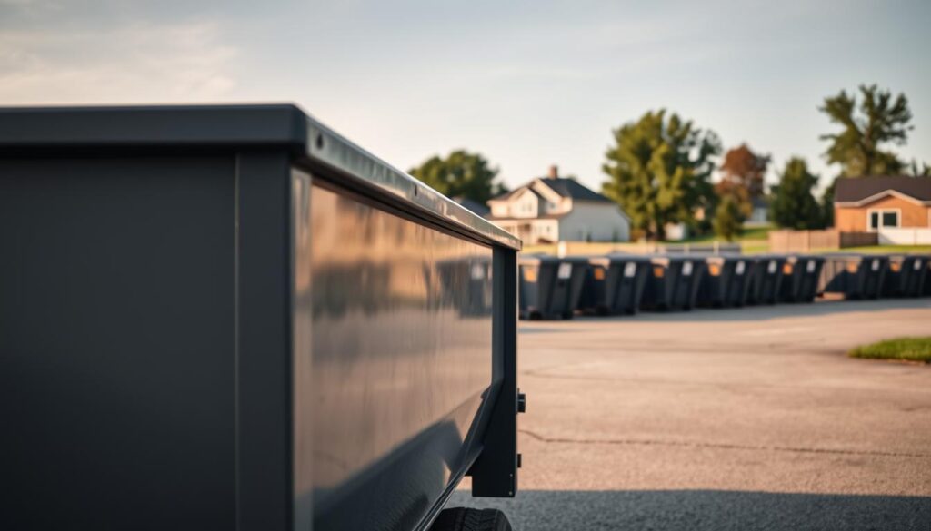 A well-lit, wide-angle view of a modern dumpster rental service in Okemos, Michigan. The dumpster is prominently featured in the foreground, its metal exterior gleaming under the soft, diffused lighting. The middle ground showcases the service's neatly organized lot, with rows of different-sized dumpsters ready for delivery. In the background, a few residential homes and trees create a suburban setting. The overall mood is one of efficiency and reliability, reflecting the needs of homeowners undertaking various projects in the East Lansing area.