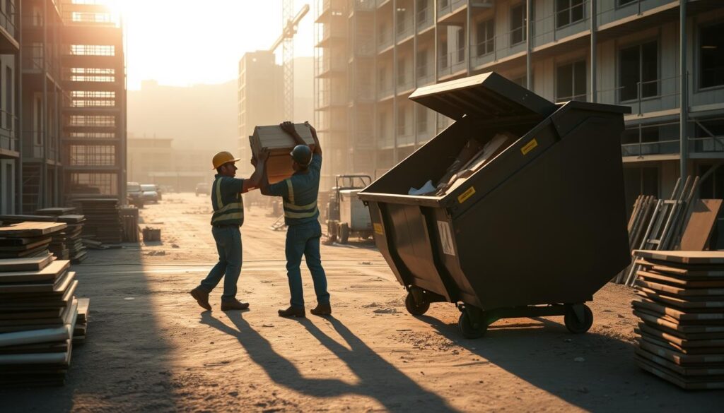 A well-organized dumpster loading scene with a strategic layout. In the foreground, two workers expertly maneuvering heavy items into a large open-top dumpster, their movements captured with a crisp, cinéma vérité-style lens. The middle ground features a clear path leading to the dumpster, allowing for efficient flow of materials. In the background, a tidy construction site with scaffolding and machinery, bathed in the warm glow of natural daylight filtered through a slight haze. The overall mood is one of purposeful efficiency, with a touch of industrial aesthetic.