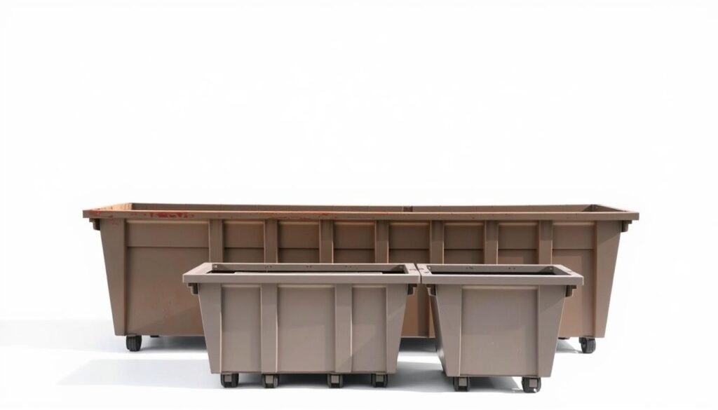 a close-up view of various sized dumpsters, with a focus on the common sizes used for roofing projects, displayed against a plain white background, with perfect lighting and camera angle to showcase their dimensions and capacity, capturing the essential details a homeowner or contractor would need to evaluate their roofing waste disposal requirements