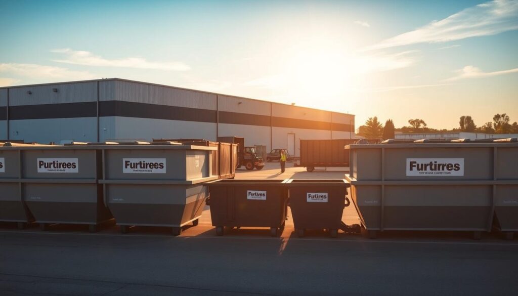 a photo of a well-maintained dumpster rental service yard, with multiple dumpsters of various sizes neatly arranged in the foreground against a backdrop of a modern industrial building. The dumpsters are clean, freshly painted, and display the company's branding prominently. The scene is illuminated by warm, directional lighting that casts subtle shadows, creating a sense of depth and dimensionality. The middle ground features a paved surface with a few workers moving around, showcasing the operational aspect of the service. The background includes a clear blue sky with a few wispy clouds, conveying a sense of openness and professionalism. The overall mood is one of efficiency, reliability, and customer-focused service.