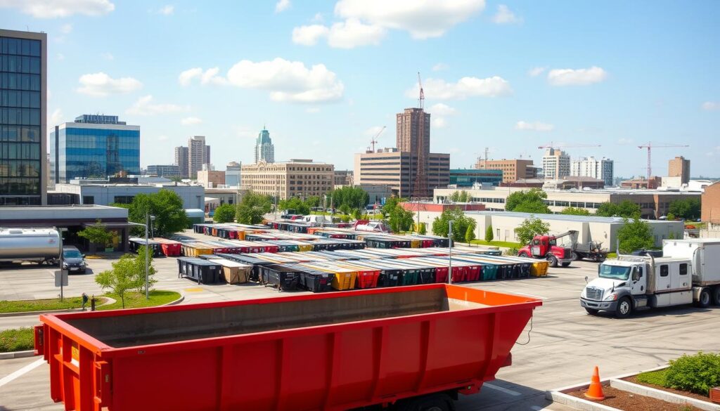A bustling urban landscape on a sunny day, with a prominently featured dumpster rental service in the foreground. The dumpster is a sleek, modern design in a vibrant color, surrounded by a well-maintained lot with ample space for maneuvering trucks. In the middle ground, a fleet of rental dumpsters in various sizes are neatly arranged, showcasing the company's diverse offerings. The background features a mix of commercial and industrial buildings, conveying the service's availability in a thriving Michigan community. The scene is captured with a slightly elevated camera angle, creating a sense of depth and emphasizing the scale of the operation. The lighting is natural and diffused, casting soft shadows and highlighting the crisp details of the dumpsters and surrounding environment.