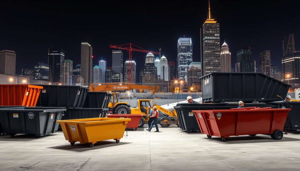 A visually striking scene showcasing an array of dumpster rental options. In the foreground, various dumpster sizes and styles are prominently displayed, ranging from compact 2-yard containers to larger 40-yard roll-off dumpsters. The middle ground features a well-lit, industrious construction site, with workers efficiently loading and unloading the different dumpsters. In the background, a cityscape with towering skyscrapers and bustling activity creates a dynamic urban setting. The lighting is crisp and evenly distributed, highlighting the textural details of the dumpsters and creating a sense of depth and dimension. The overall composition conveys the versatility and practical applications of dumpster rentals for a variety of waste management needs.