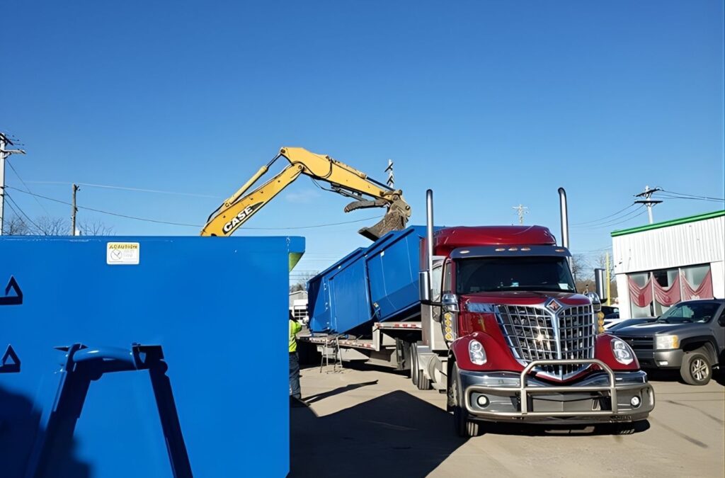 A blue Simplified Dumpster container placed beside an Ingham County, MI home, showing easy access for renovation debris and clutter removal.
