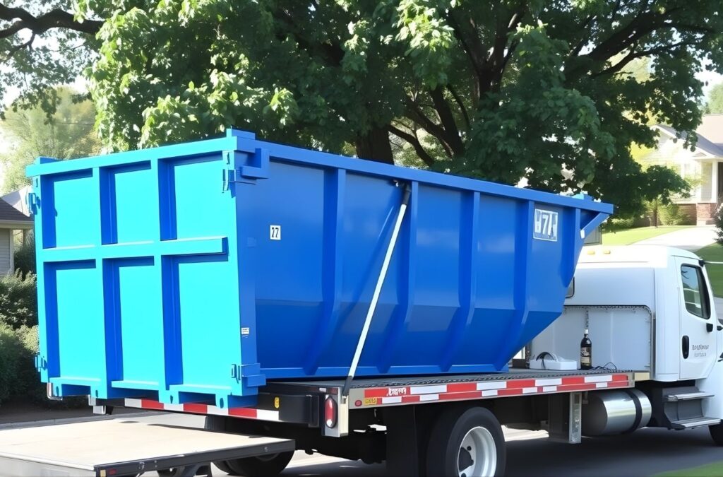 A blue Simplified Dumpster container positioned beside a Jackson County, MI home, offering easy access for renovation debris and household cleanup projects.