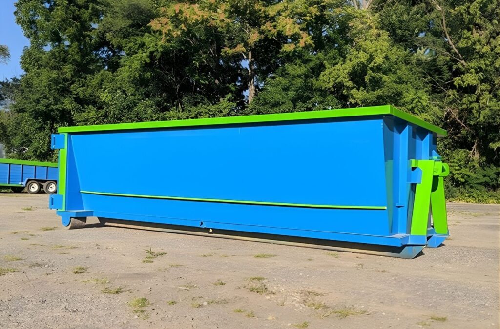 A Simplified Dumpster driver lowering a clean blue bin at a Lansing, MI residence, showing reliable local service for household cleanup projects. Residential Dumpster Rental near me.