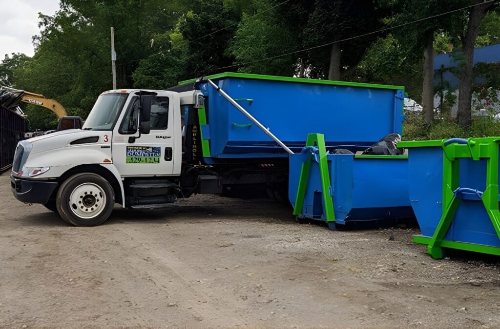 Simplified Dumpster crew delivering a dumpster rental in Perry, MI, showing prompt local service, clean containers, and professional waste handling benefits.